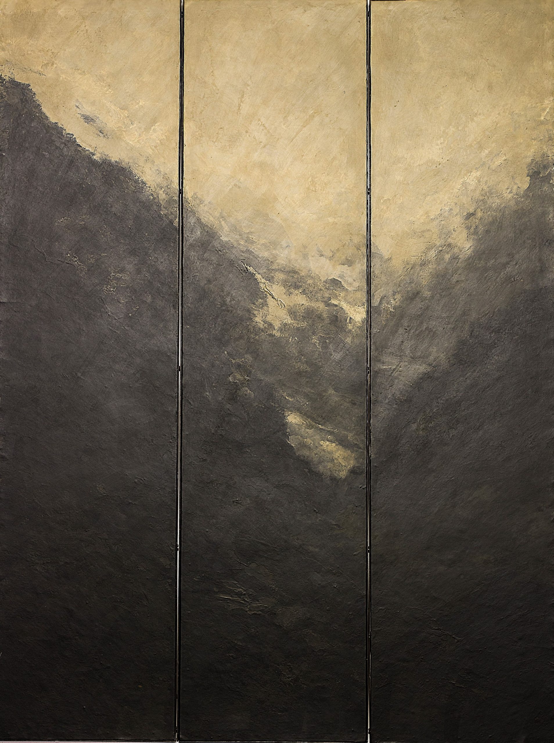 "Lieu", montagnes, 2017; Tryptique, peinture acrylique et cire sur toile marouflée 1905x510 mm chaque panneau. ©Guillaume Boutigny
